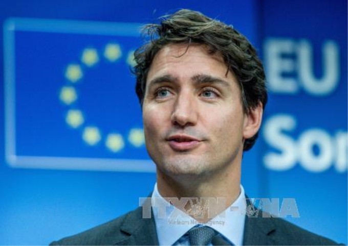 Thủ tướng Canada Justin Trudeau phát biểu tại một sự kiện ở Brussels, Bỉ. Ảnh: EPA/TTXVN